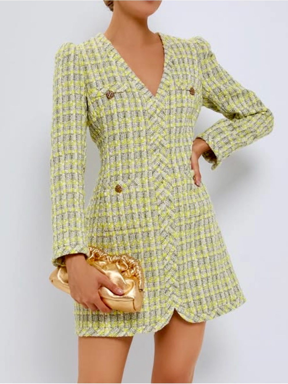 NWT Tuckernuck Coralie Citron Yellow Tweed Plaid Long Sleeve Mini Dress Small